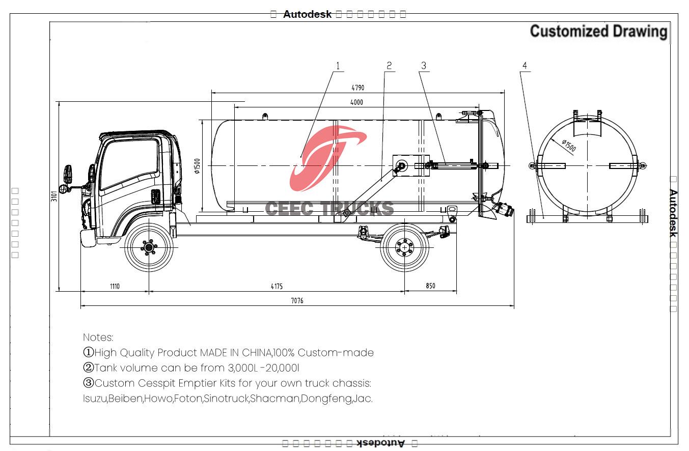 Technical drawing of Isuzu sewage suction truck Technical drawing of Isuzu sewage suction truck