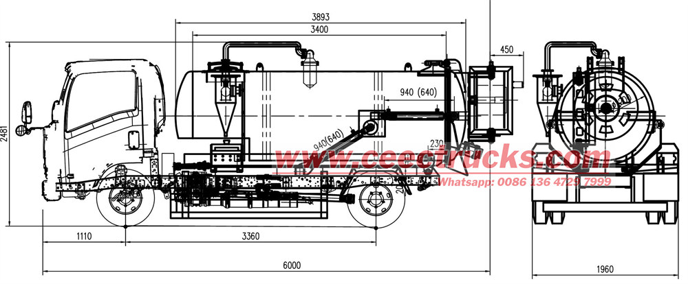 Isuzu vacuum sewer jetting truck technical drawing