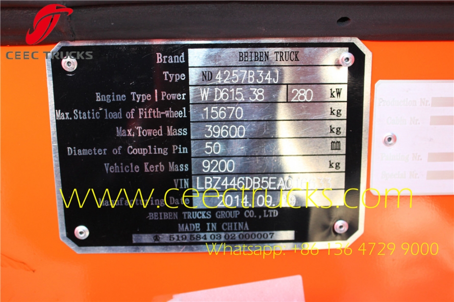 beiben 2538 RHD 380HP towing trucks export Kenya Mombasa